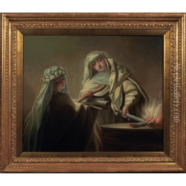 The Sacred Fire: Vestal Virgins Tending The Hearth Oil Painting - Jean Raoux