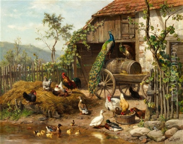 Geflugelhof Mit Pfauenpaar Oil Painting - Carl Jutz the Elder
