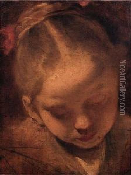A Girl, Head And Shoulders, Looking Down - A Sketch Oil Painting - Jan or Joan van Noordt