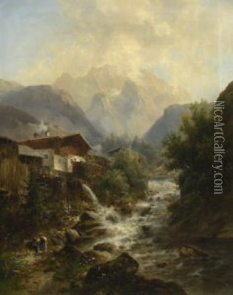 Bauernhauser Am Gebirgsbach Oil Painting - Emil Barbarini