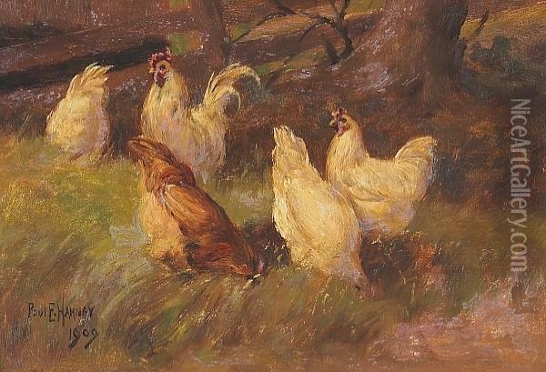 Chickens In A Meadow, 1909; Chickens In A Barnyard, 1906; A View Of A Farm, 1907 (a Group Of Three) Oil Painting - Paul E. Harney