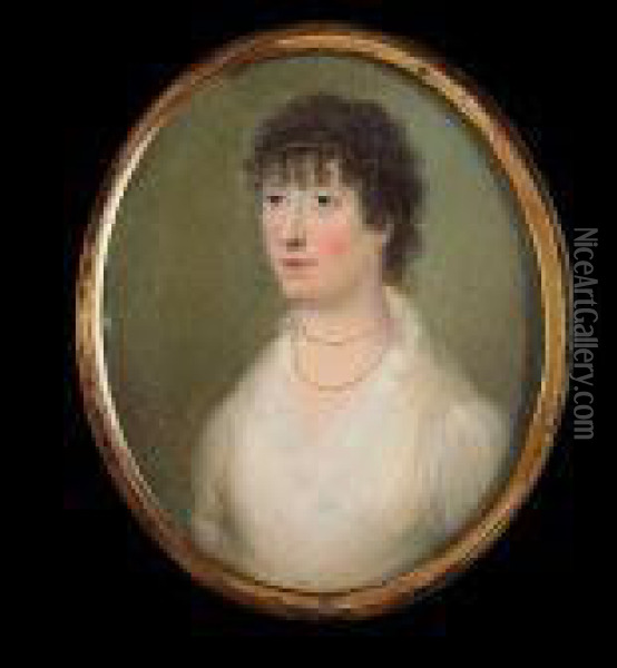 A Miniature Portrait Of A Lady, Wearing A White Dress And Double Strand Gold Necklace Oil Painting - James Leakey