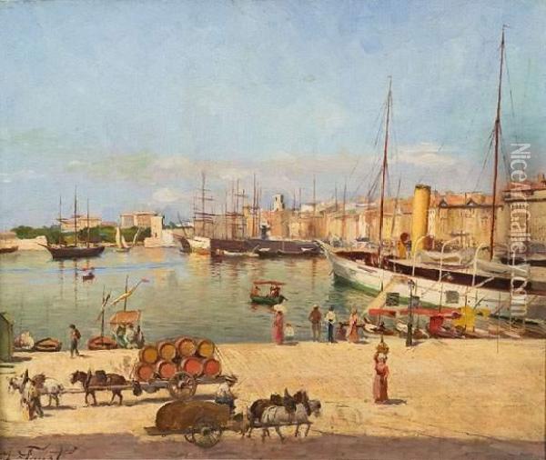 Le Port De Marseille, Vue Du Quai Du Port. Oil Painting - Joseph Faust