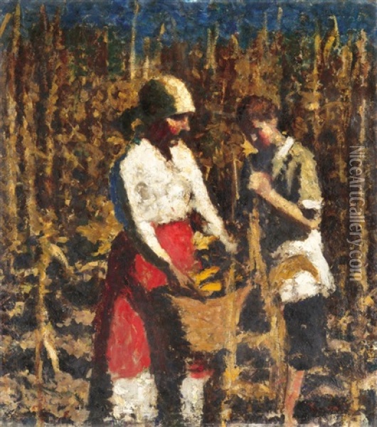 Cornhusking Oil Painting - Jozsef Koszta