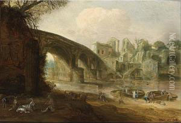 The Younger, A Shepherd And His Herd Near A River With A Stone Bridge Oil Painting - Willem van, the Younger Nieulandt
