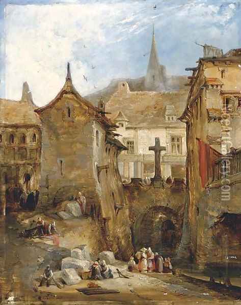 Figures at a canal in a Continental town Oil Painting - James Holland
