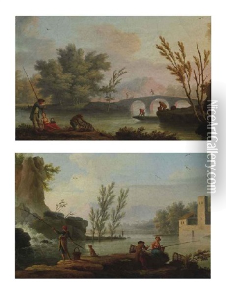 Pecheurs Pres D'une Cascade Et Pecheurs Pres D'un Pont (pair) Oil Painting - Jean d'Arles Henry