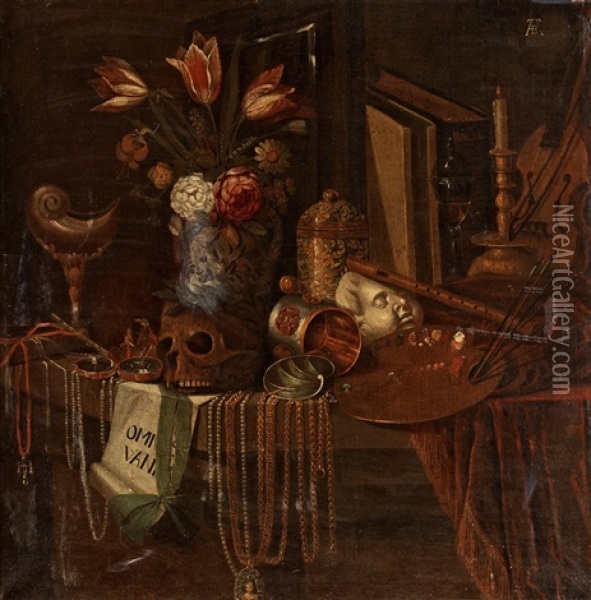 Still Life With Skull, Flowers, Jewelery And Attributes For Art And Music Oil Painting - Johannes Georg Hinz