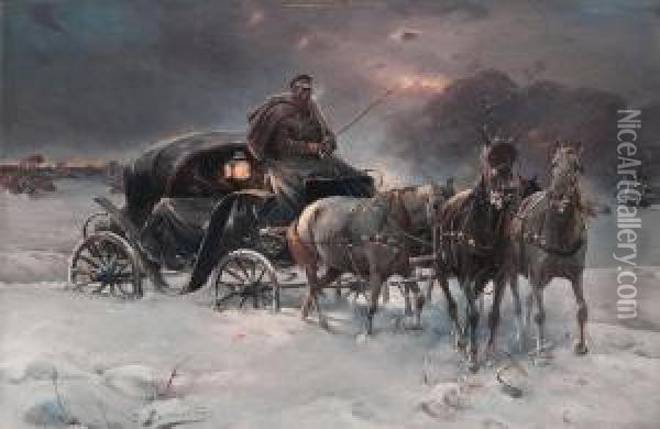 Traveller On A Winter Night Oil Painting - Alfred Wierusz-Kowalski
