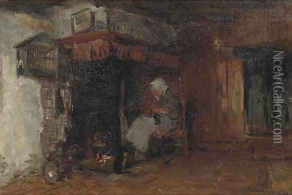 Knitting by the fire Oil Painting - Bernardus Johannes Blommers