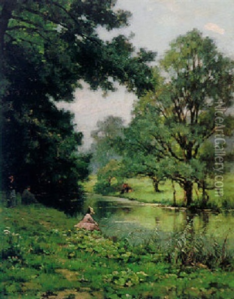 Fishing By A River Oil Painting - Lucien Simonnet