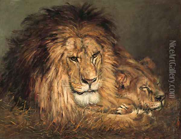 A lion and lioness resting Oil Painting - Geza Vastagh