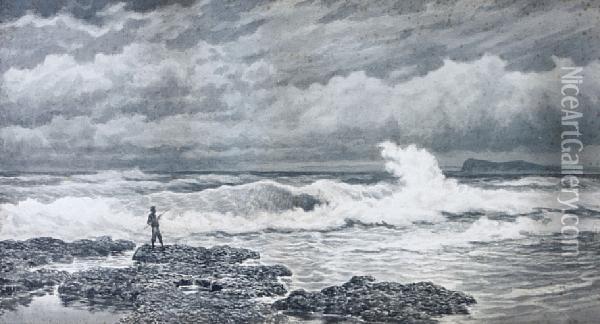 A Rocky Coastal Scene; Also A Fisherman On The Coast Oil Painting - James Waltham Curtis