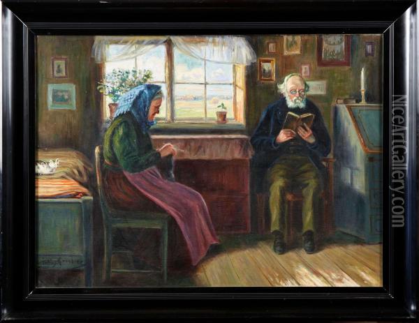 Ett Kapitelur Postillan - Gotlandsk Interior Fran Ronehamn Oil Painting - Julius Granberg