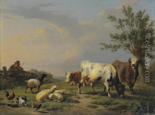 A Farmer With Three Cows, Three Sheep, One Goat And Five Chickens In A Landscape Oil Painting - Eugene Joseph Verboeckhoven