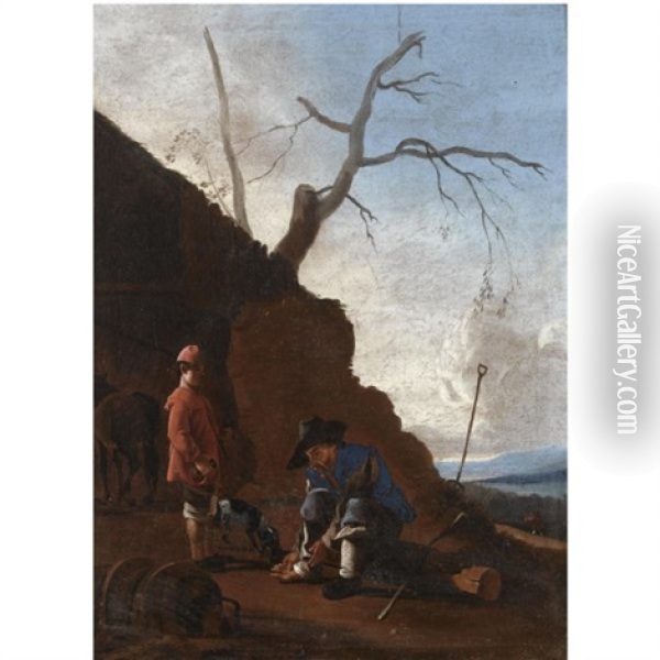 An Italianate Landscape With An Old Man Resting On A Tree Trunk On A Path Together With A Young Boy Oil Painting - Johannes Lingelbach