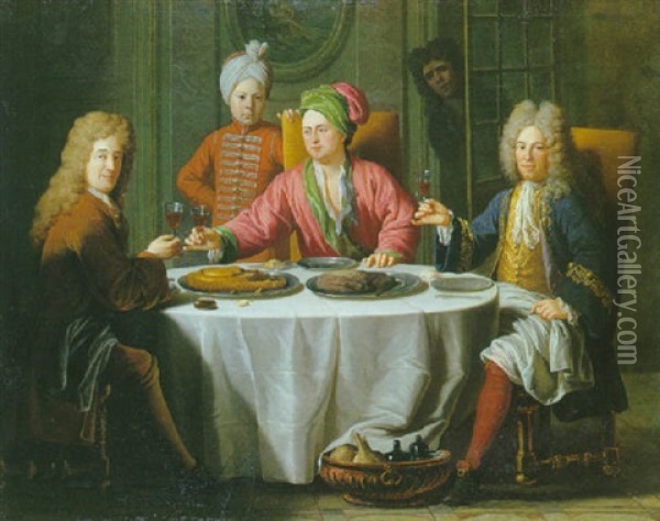 Reunion De Gentilhommes Autour D'une Table Dans Un Interieur Oil Painting - Jacob van Schuppen