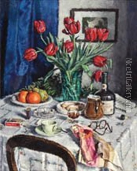 Nature-morte Au Bouquet De Tulipes Et Pichet Oil Painting - Peter Alexanrovitch (Pierre) Nilouss