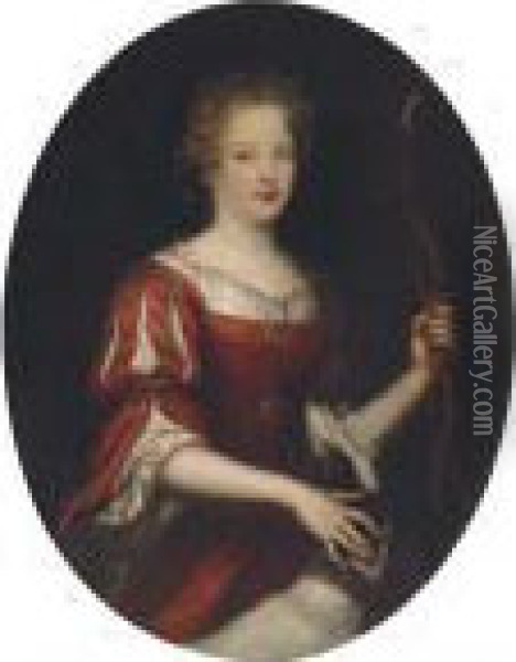 Portrait Of A Lady As Diana, Three-quarter Length, In A Reddress Oil Painting - Pierre Le Romain I Mignard