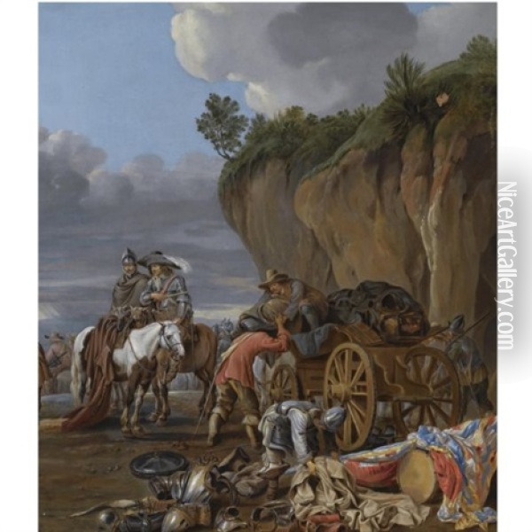 Soldiers Loading A Wagon, A Soldier And A Cavalier Halting On Their Horses To The Left Oil Painting - Jan van den Hecke the Elder