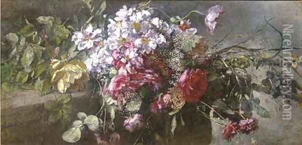 A bouquet of pink and red roses on a ledge Oil Painting - Anna Peters