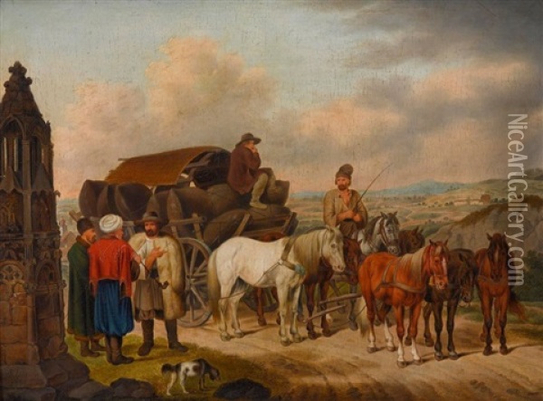 Halt Eines Siebenspannigen Walachischen Frachtwagens Bei Einem Bildstock Oil Painting - Johann Adam Klein