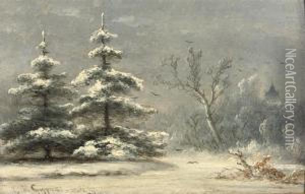 Snow Covered Pine Trees Oil Painting - Johannes Franciscus Hoppenbrouwers