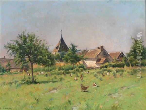 Chickens In A Meadow Outside A Village Oil Painting - Adrien Jacques Sauzay