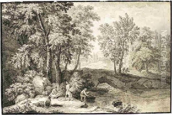 Bathers In A Woody Landscape Oil Painting - Joseph Francois Le Roy