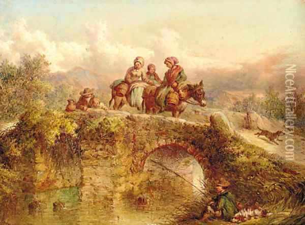 Travellers crossing a bridge with an angler on a river bank Oil Painting - Paul Jones