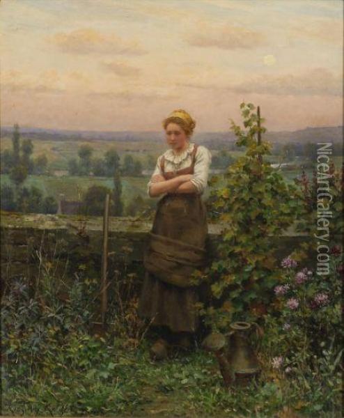 After The Day's Chores/a Young Woman Leaning Against The Garden Wall Oil Painting - Daniel Ridgway Knight