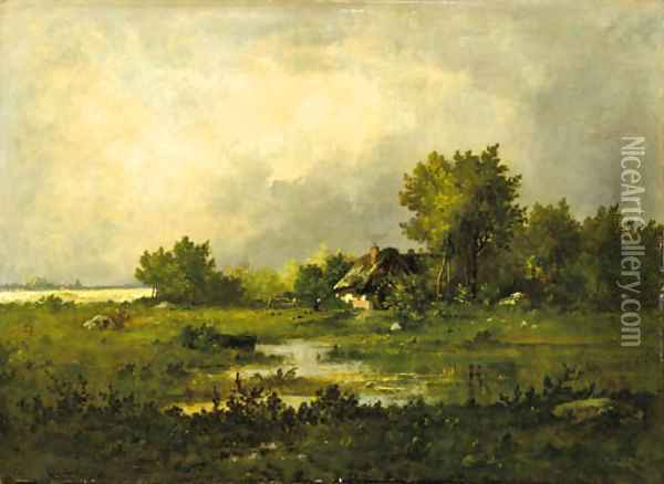 Avant l'orage a farm in a landscape Oil Painting - Leon Richet