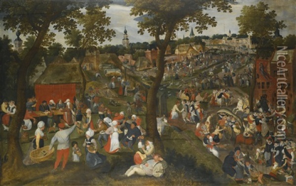A Village Celebrating The Kermesse Of Saint Sebastian, With An Outdoor Wedding Feast With Guests Bringing Gifts Oil Painting - Marten van Cleve the Elder