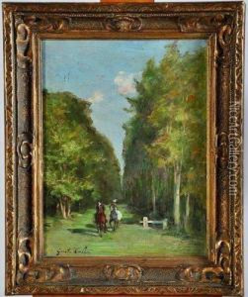 deux Cavaliers Dans Une Allee Forestiere Oil Painting - Gustave Colin