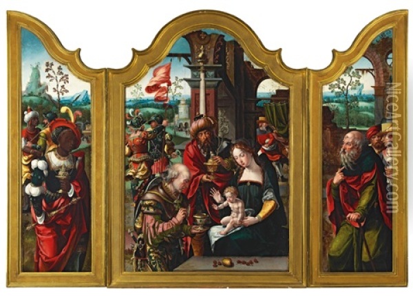 A Triptych: The Adoration Of The Magi Oil Painting - Pieter Coecke van Aelst the Elder