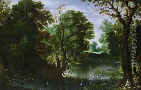 Landscape with a river and sportsmen shooting ducks Oil Painting - Maerten Ryckaert