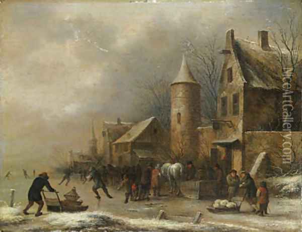 Peasants skating on a frozen river by an inn by a watchtower Oil Painting - Claes Molenaar (see Molenaer)