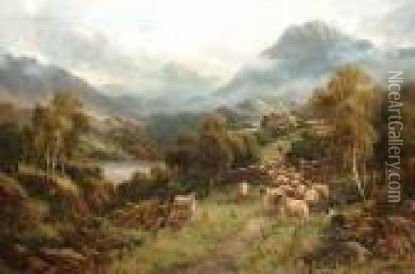 Drover And Sheep In A Highland Landscape Oil Painting - William Langley