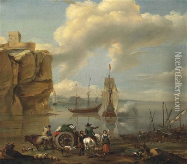 A Coastal Landscape With A Horseman, A Wagoner, Stevedores, And Drovers With Their Herd, Three-masters Beyond Oil Painting - Abraham Jansz. Begeyn
