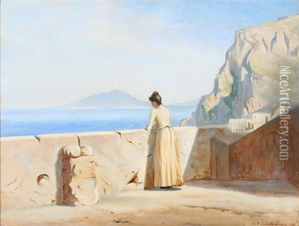 Italian Coastal Scene With A Woman Gazing Towards Mount Vesuvius Oil Painting - Niels Frederik Schiottz-Jensen