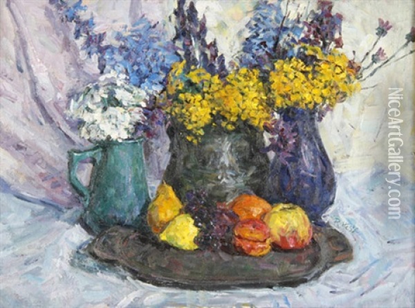 Stilleben Mit Fruchten, Blumen Und Krug Oil Painting - Rudolf Hesse