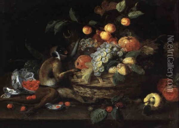 Still Life With A Bowl Of Fraises Des Bois And A Monkey With A Fruit Bowl Oil Painting - Jan van Kessel