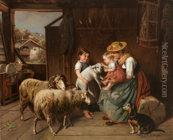 Landliches Idyll; Mutter Mit Ihren Kindern Bei Den Schafen In Der Scheune. Reizendes Genre Oil Painting - Adolf Eberle