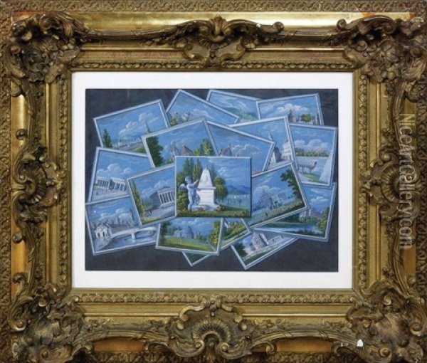 A Trompe-l'oeil With Seventeen Drawings Of Viennese Monuments Oil Painting - Balthasar Wigand