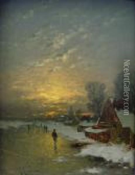 Eislaufer Bei Nacht Oil Painting - Johann Jungblutt