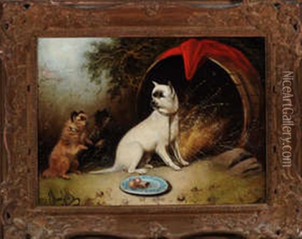 Three Dogs By An Upturned Barrel Oil Painting - Edward Armfield