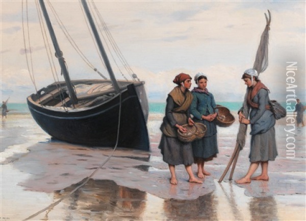 Oyster Gatherers On The Beach At Cancale Oil Painting - Eugene Feyen