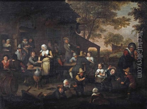 Peasants Drinking Outside An Inn And Children Playing In The Foreground Oil Painting - Richard Brakenburg
