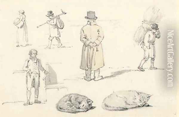A sheet of figure and animals studies, including a man looking over a wall and cats sleeping Oil Painting - William Alexander