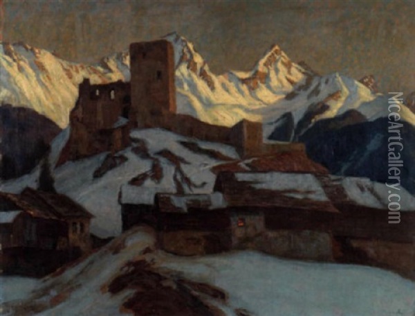 Abendstimmung Uber Bergruine Mit Dorf In Den Alpen Oil Painting - Carl (Karl, Charles) O'Lynch of Town